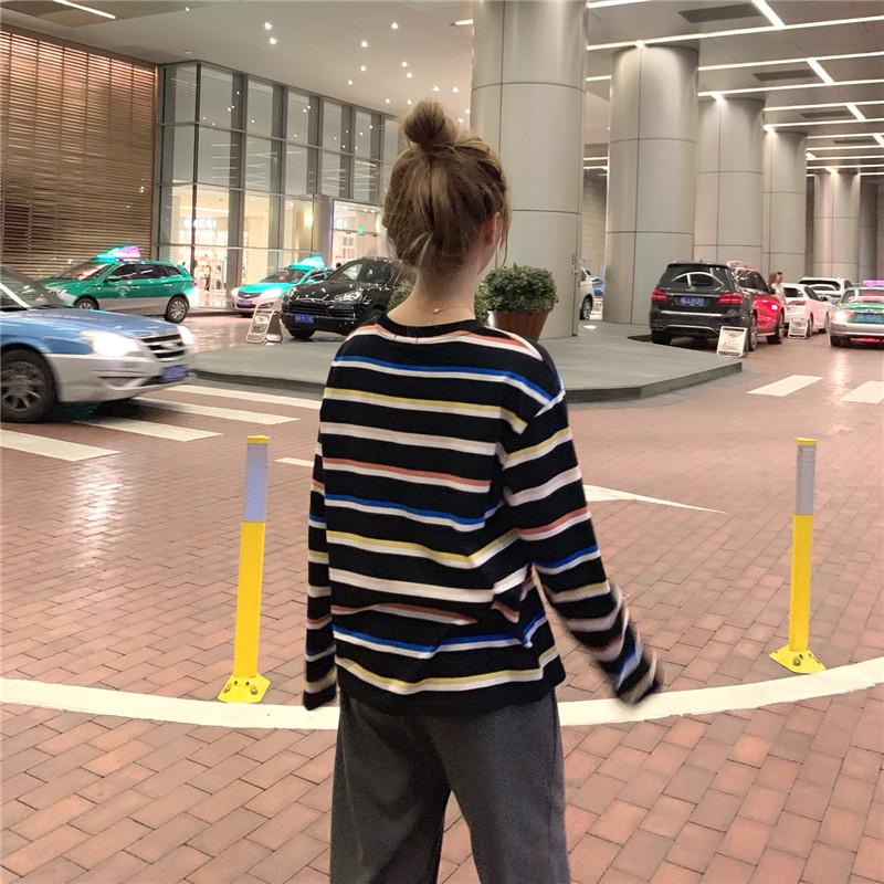 Women's Contrast Stripe Long-Sleeve T-Shirt - Autumn 2025 Korean Loose Casual Style