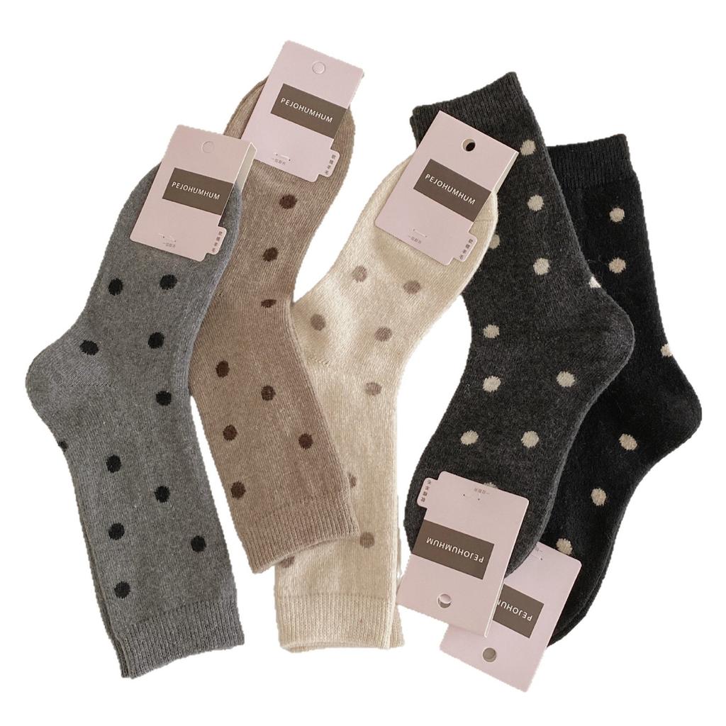 Autumn and Winter Polka Dot Wool Mid-calf Socks, Versatile Solid Color Simple Pile Socks, Fleece Thickened Socks for Women