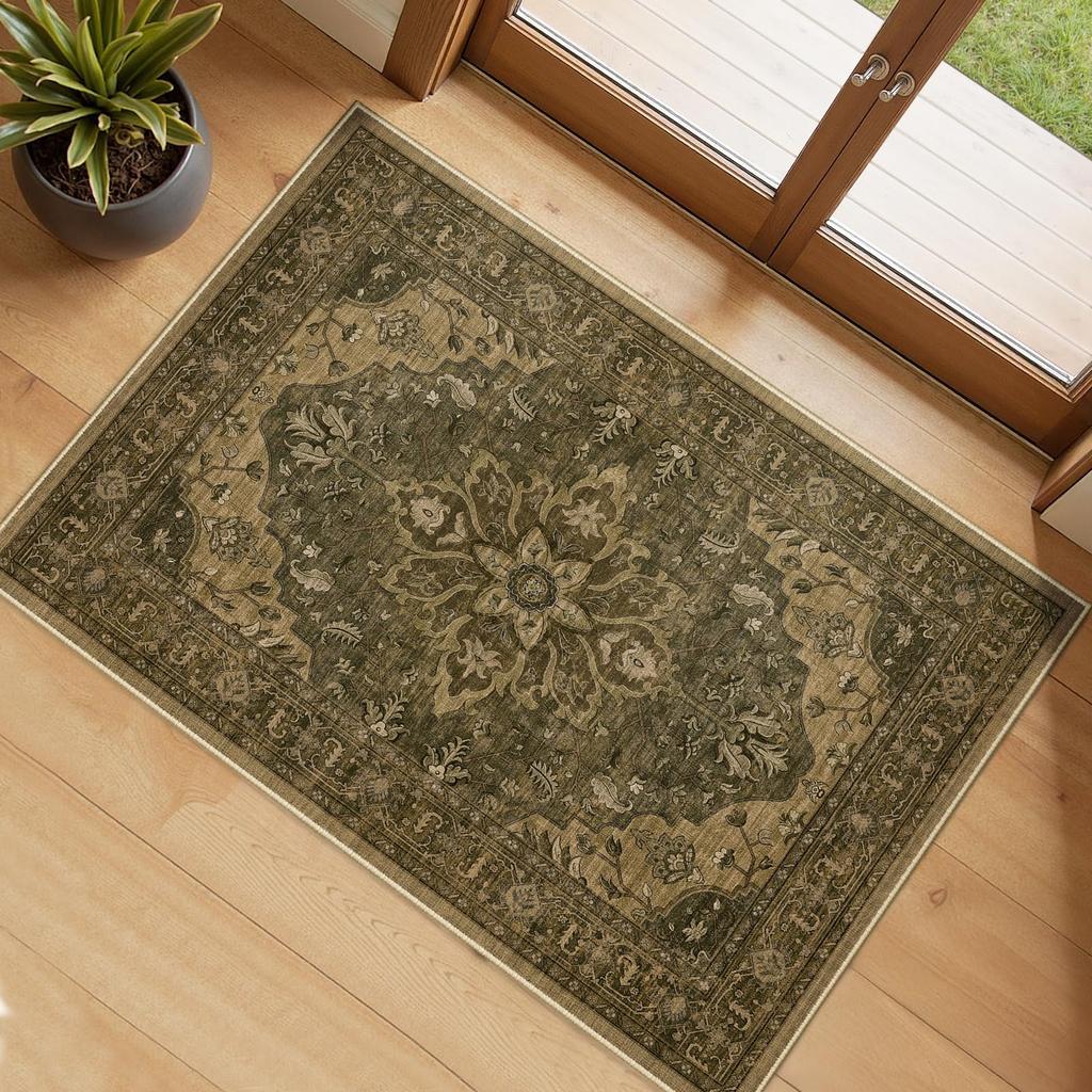 Tappeto Bohémien Vintage con Stampa Floreale, Tappetino Antiscivolo Orientale Consumato Verde Beige per Soggiorno Camera da Letto Arredamento Casa Tappeto