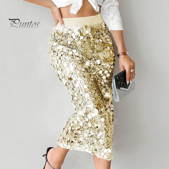 High-waisted Skirt Women High Waist Sexy Hip-Hugging Sequin Glitter Solid Midi Color Mid-calf Length Hip Wrapped Slimming Design Wedding Clubwear