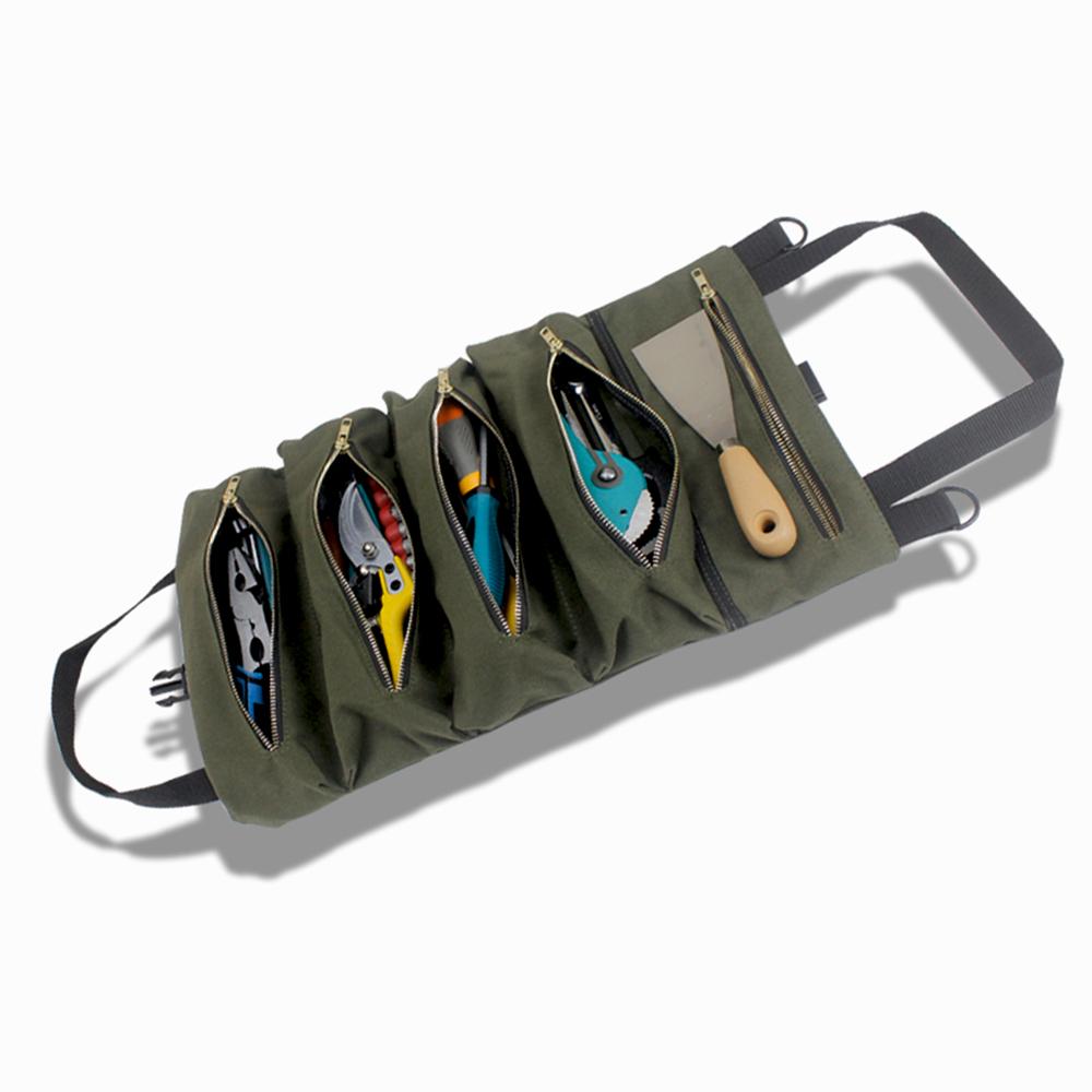 PENGGONG Tool Roll Up Bag Zippered Bag 5 Pockets Canvas Tool Organizer Portable Tool Roll-up Pouch Tool Bag Workbag Zipper Utility Tote