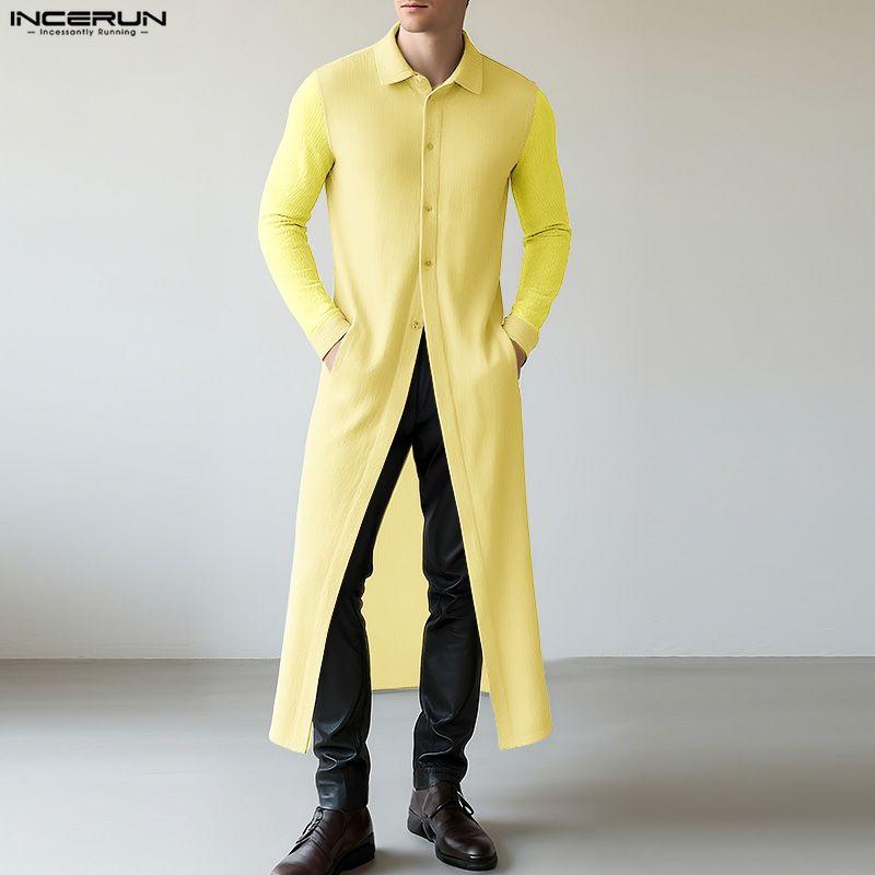 INCERUN Men Lapel Neck Long Sleeve High Splits Casual Long Cardigan Coats