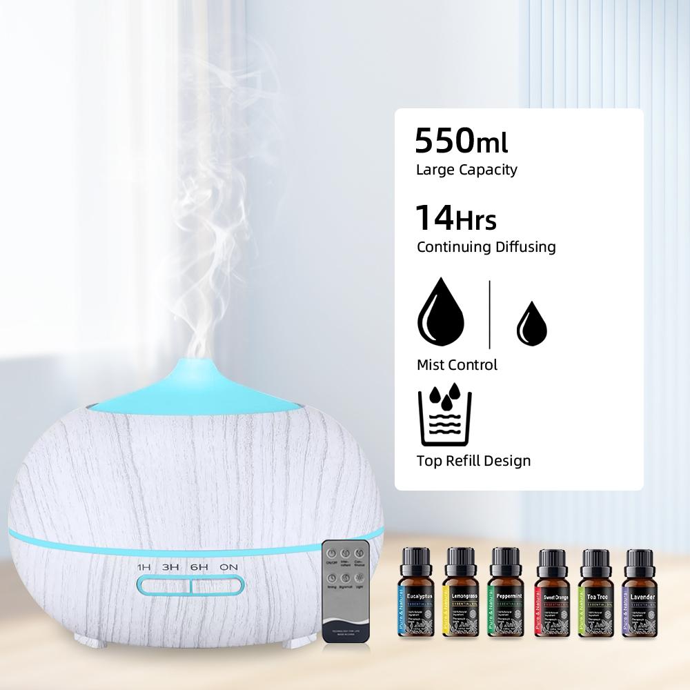 Diffuser For Home 550ml Wood Grain Essential Oil Diffuser with Remote 7 Colors Ultrasonic Mist  Includes 6 Oils for Aromatherapy