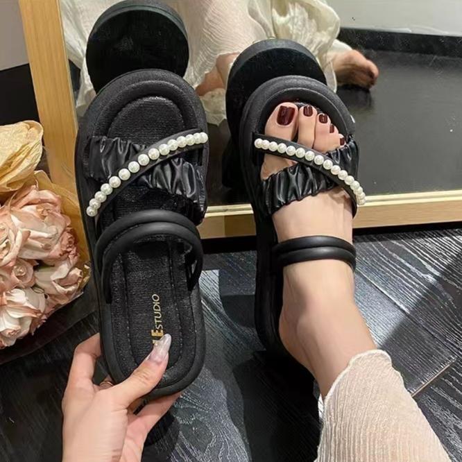 Summer Slippers for Women Fashionable Home Indoor Anti Slip Pearl Casual Beach Shoes