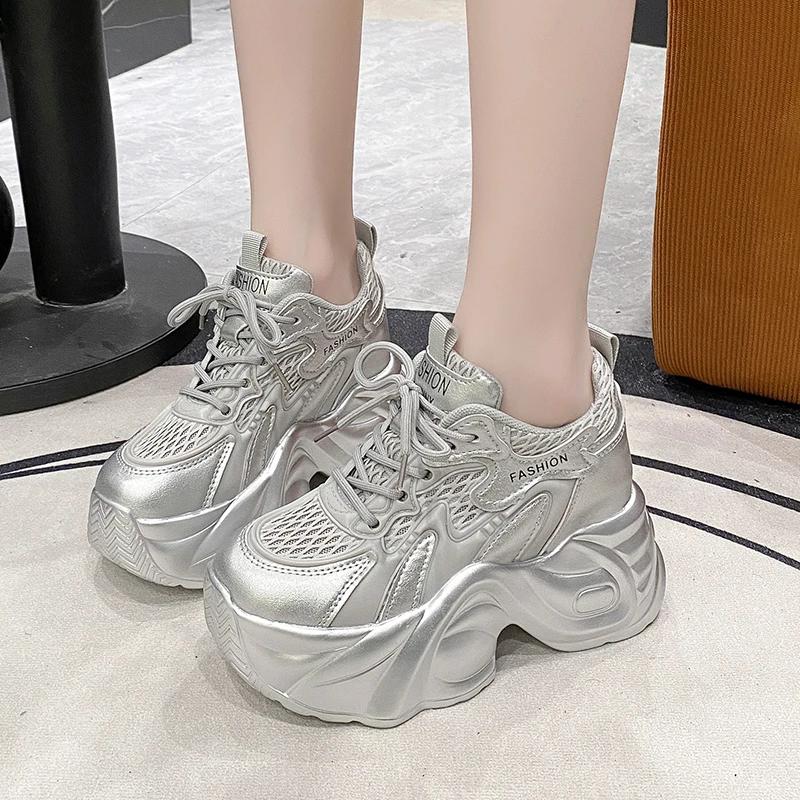 8.5CM Women Summer Hollow Breathable Mesh Chunky Sneakers Microfiber Leather Comfy Casual Dad Shoes Female Platform Sports Shoes