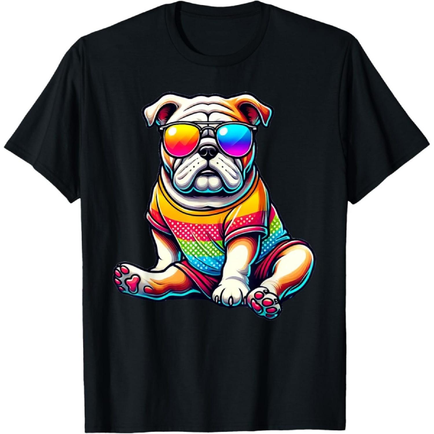 Colorful English Bulldog Wearing Sunglasses T-Shirt S