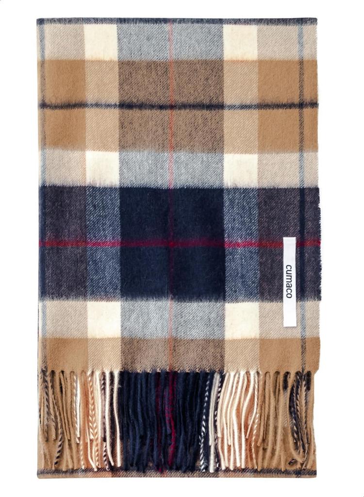 Camel Navy Cashmere and Wool Plaid and Check Thick Wool Brand [cumaco] 15. Stole, Pattern, Unisex, Large, Scarf, Blend, Name, Gift, Brown, Navy,