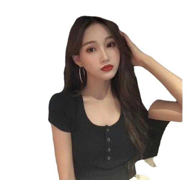 Summer new slim-fit short round neck high waist thin, careful machine open button short-sleeved T-shirt women's top ins tide