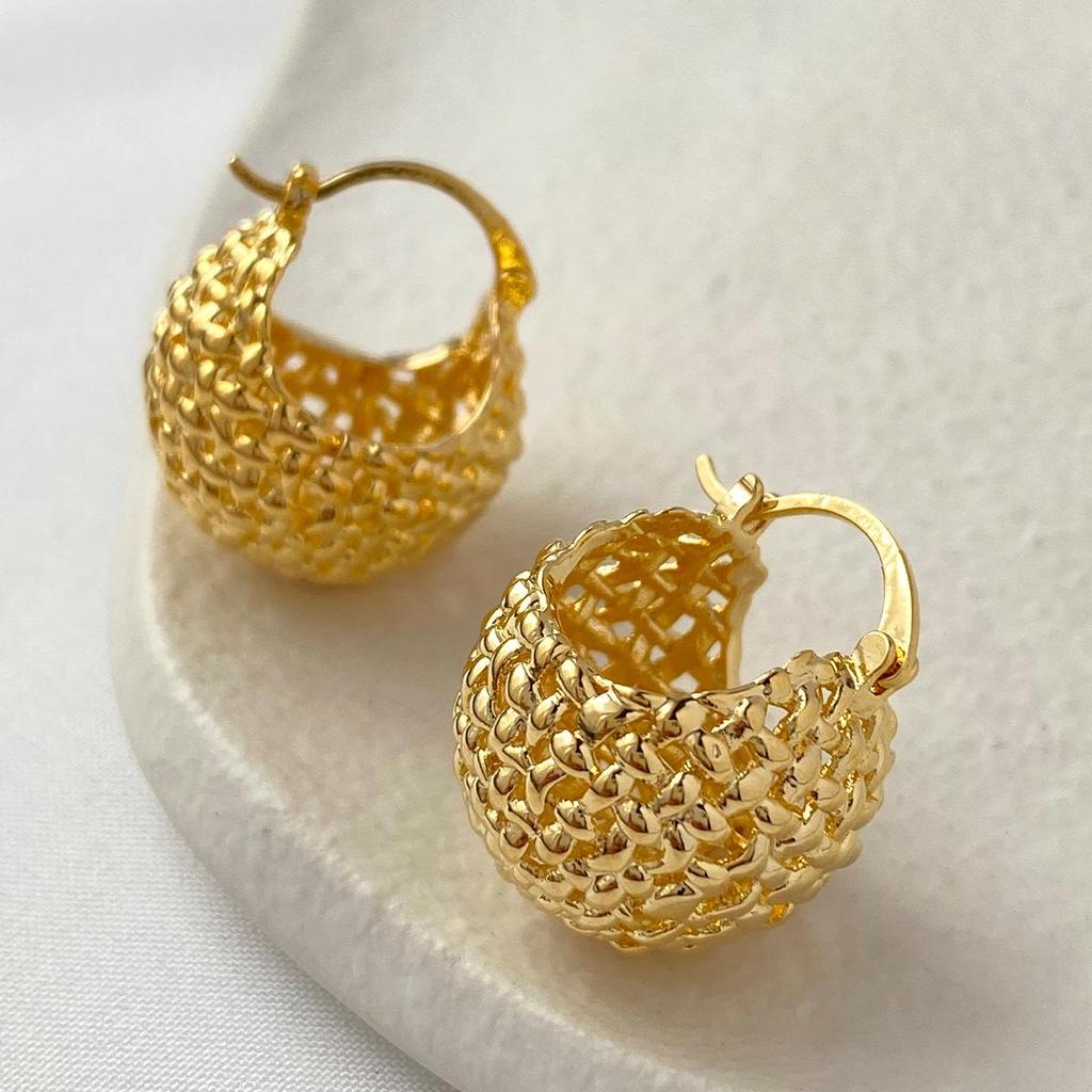 French Retro Korean-Style Heart & Ball Woven Gold-Plated Earrings