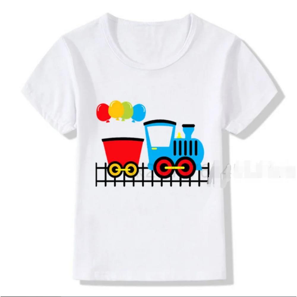 Cartoon Freight Train Baby Boys White T-shirt Funny Summy Kids Fashion Streetwear Tops for Favorite Child