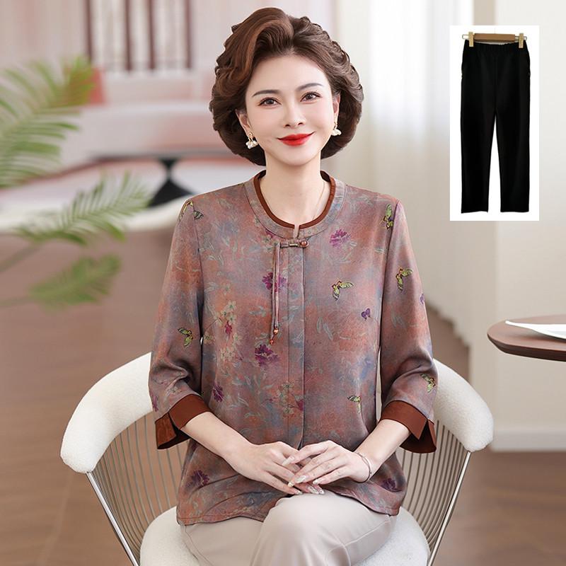 Chinese Style Summer Loose Three-Quarter Sleeve Shirt for Middle-Aged and Elderly Women