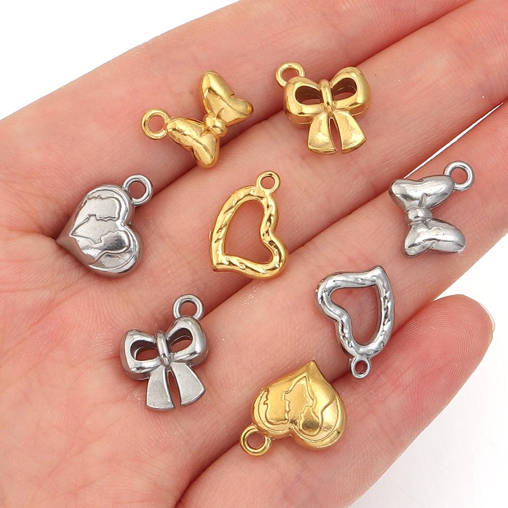 5pcs Stainless Steel Bow Heart Charms Exquisite Charms Pendant For Jewelry Making DIY Bracelets Necklace Earrings Accessories