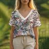 3D T-Shirt Flower Summer Women's T-Shirt Floral Pattern Bohemian Style Casual Short-Sleeved V-Neck Loose Women's Clothes