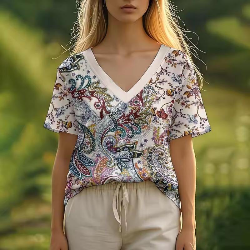 3D T-Shirt Flower Summer Women's T-Shirt Floral Pattern Bohemian Style Casual Short-Sleeved V-Neck Loose Women's Clothes
