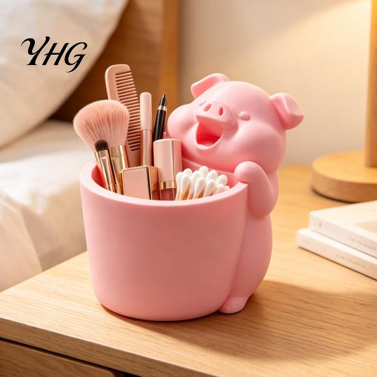 Home Office Organization 3D Printed Cute Piggy Storage Pot, Cartoon Pig Shaped Pen Holder, Makeup Brush Cup for Vanity Organizer, Multifunctional