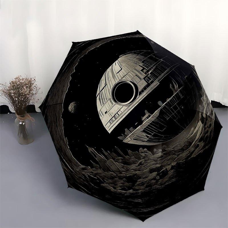 Galactic Empire: Death Star Floating Over Lunar Landscape Wall Art Umbrella, Cute Umbrella with Cute Design, Portable 3-Fold Compact Umbrella for Men