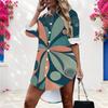 Women Plus Size Printed Long Sleeve Collared Button Front Curved Hem Shirt Dress