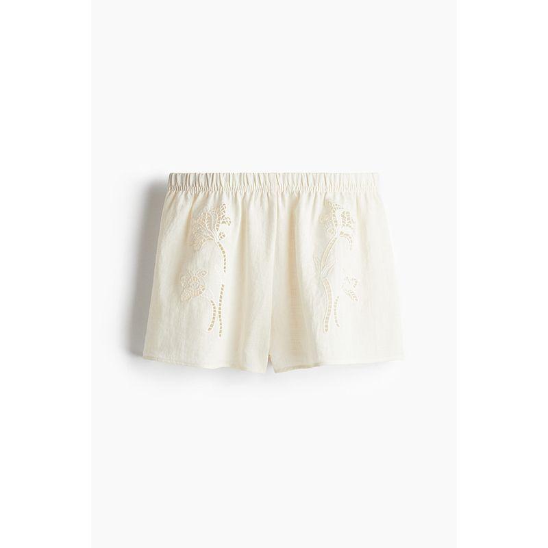 

HM Women s Clothes Casual Pants 2025 Autumn New Arrival Elastic Waist Straight-leg Loose Cut Out Embroider Shorts 1269003 Cream color 165/80