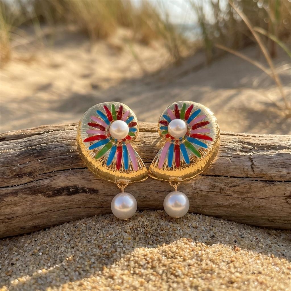 Summer Beach Starfish Shell Pearl Drop Earring for Women Boho Colorful Enamel Ocean Dangle Earring Vacation Jewelry  Accessories