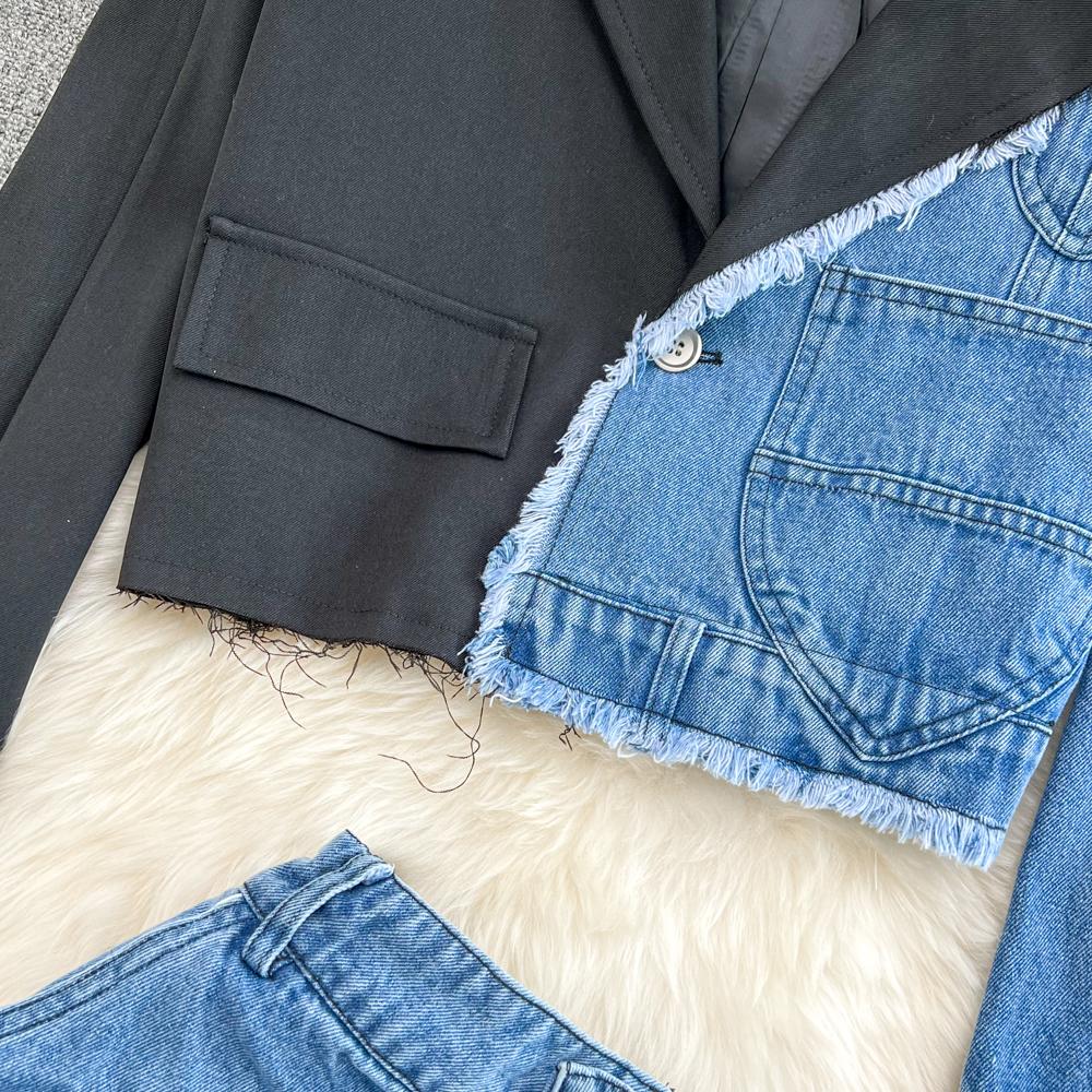 Fashion Suit Women's Retro Hong Kong Style Color Matching Short Jacket Cowboy Coat Two-Piece Set High Waist Hip Skirt Spring