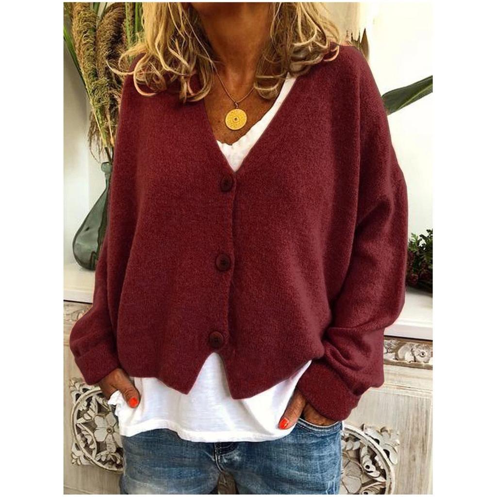 Women's Spring and Autumn Loose Knit Cardigan Solid Color V-neck Long-sleeved Single-breasted Loose Knit Sweater Coat