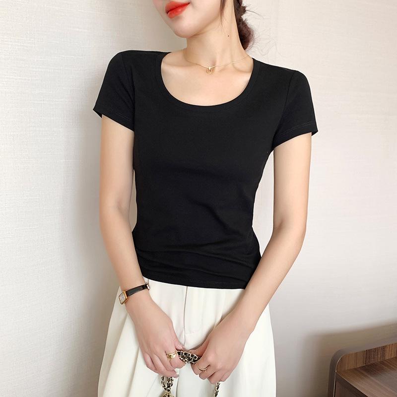 

Женская приталенная футболка из чистого хлопка с круглым вырезом - с коротким рукавом, универсальный топ на весну/лето XL [Recommended 108-120 jin] чёрный