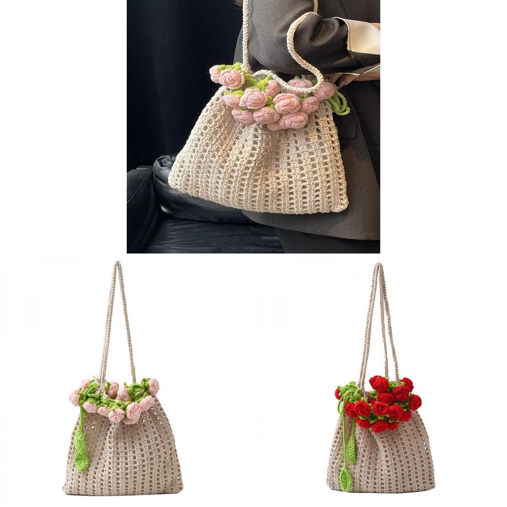 Knitted Rose Flower Bucket Bag With Drawstring Closure For Casual Daily Use