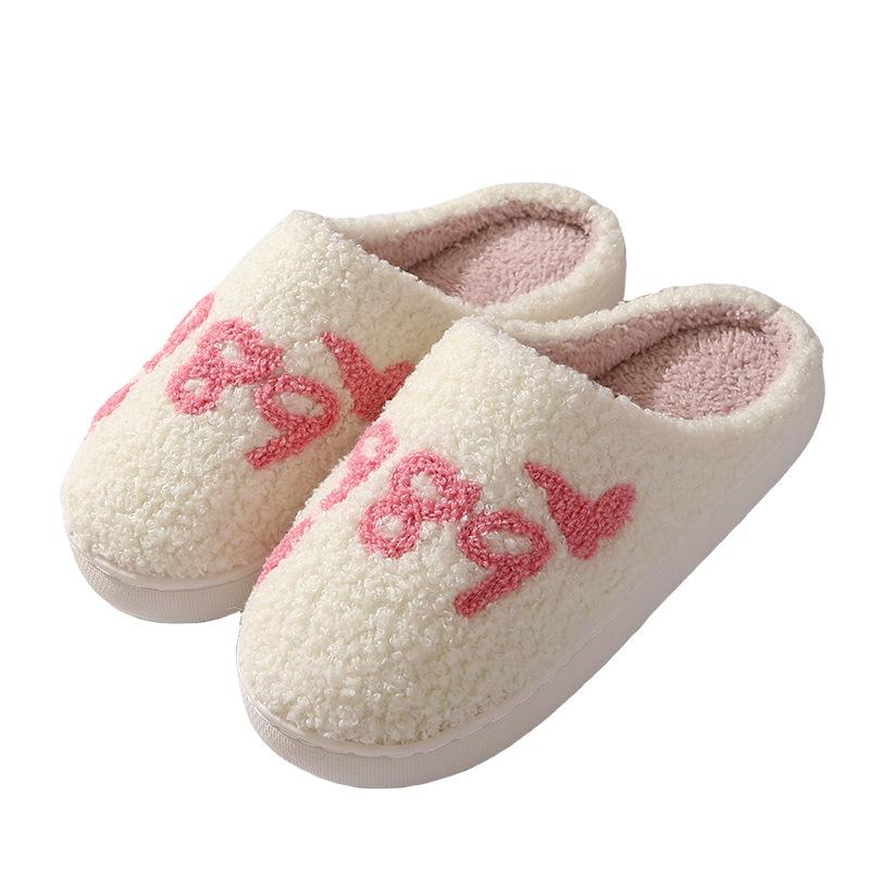 Women's Lovely Pretty Bow Flowers Slippers Men Cartoon Soft Warm Sandals Females Cute Plush  Flat Slides For Autumn Winter