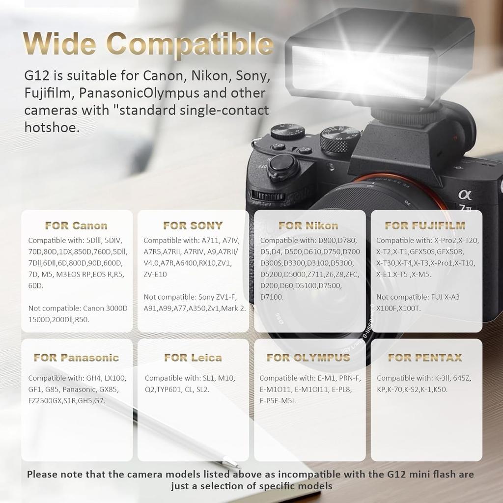 G12 Mini Camera Flash Speedlite, GN12 5600K,USB-C Charging Built-in 1200mAh Battery Compatible for