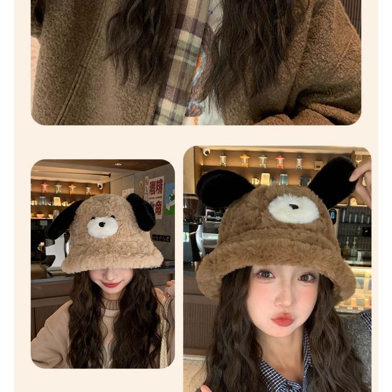 Women S Dog Ear Plush Bucket Hat Large Head Size Warm Cute Slim Face Korean Style Autumn Winter