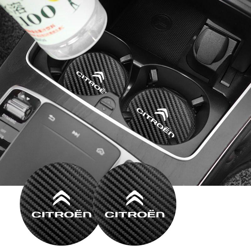 AGN4 2Pcs Car Emblem Cup Trough Mat Carbon Fiber Leather Cup Pad For Citroen C3 C5 AIRCROSS C5X C4 Cactus PICASSO e-C3 C1 C-Crosser