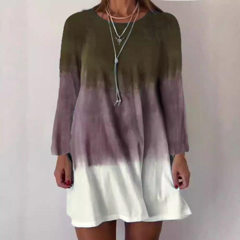 

Fall and Winter European and American Amazon Temu Independent Station Cross-Border New Arrival round Neck Gradient Printing Long Sleeves Dress Female Brown XL