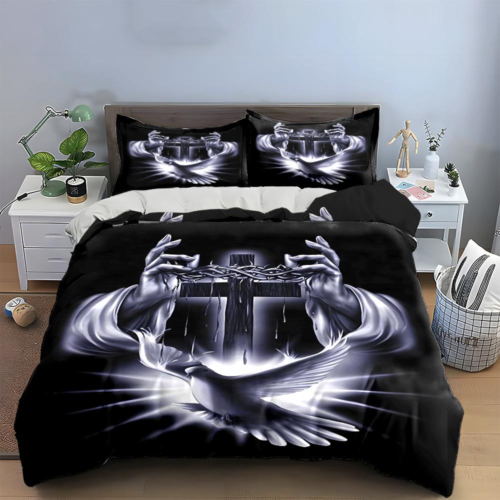 Religious Cross Dove Print Bedding Set Bedding Set (1 Duvet Cover, 2 Pillowcases, Duvet Not Included)