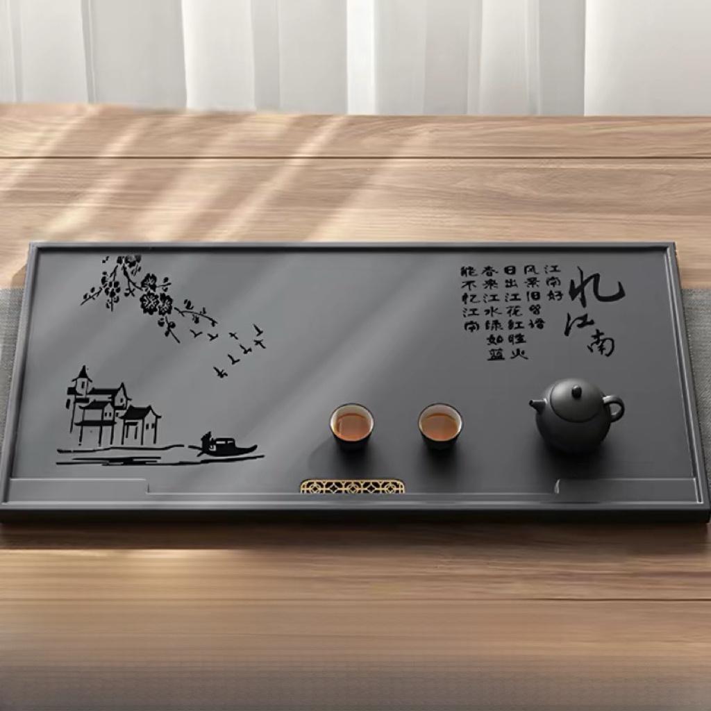 Synthetic King Black Stone Tea Tray Simple Modern Style Living Room Office Home Use Drainage Tea Set Tray Rectangular Shape