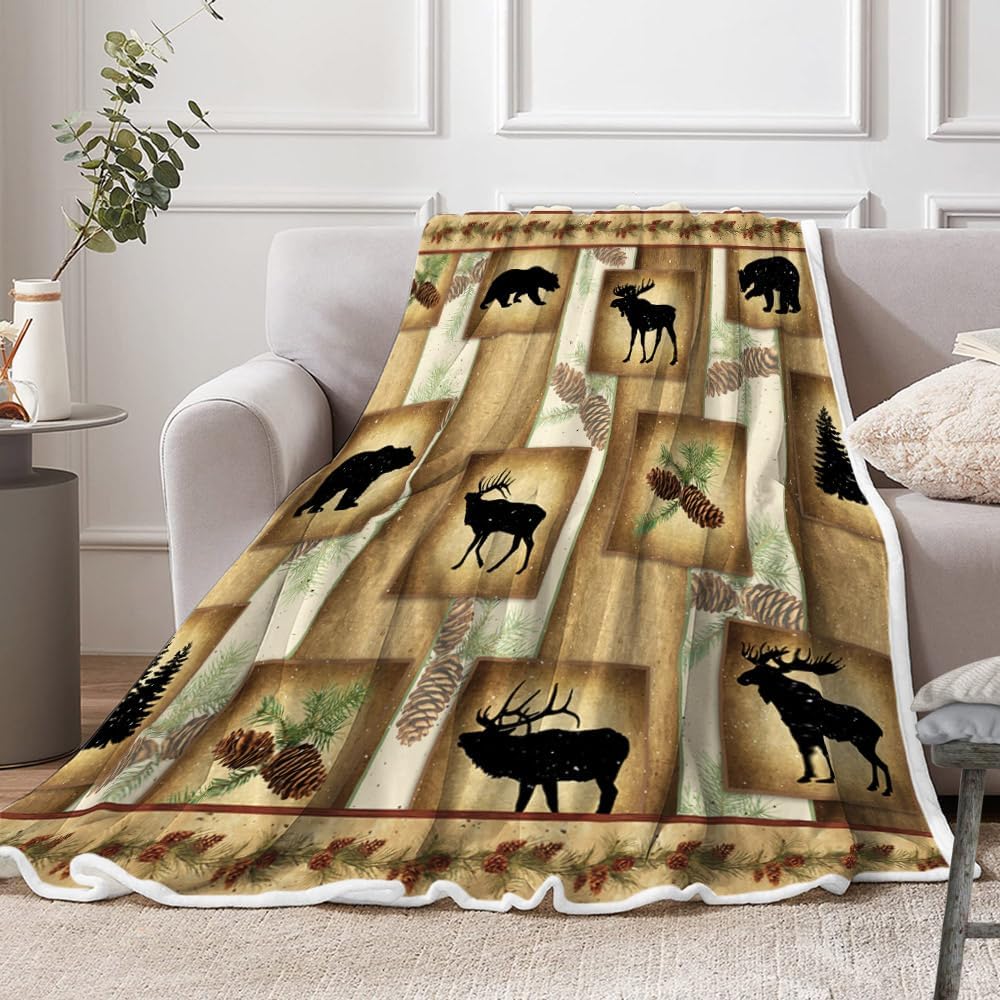 Bear Throw Blanket, Cabin Deer Art Forest Vintage Cozy Warm Super Soft Flannel Blankets for Couch Sofa Bed, Fleece Camping Blanket for Camper Outdoor