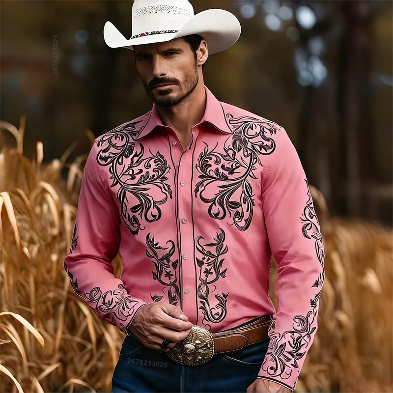 2026 Neues Herrenhemd, Western-Cowboy-Stil, Retro-Print, Langarmhemd, Slim Fit, Retro Casual Herrenoberteil, Größen XS-6XL S