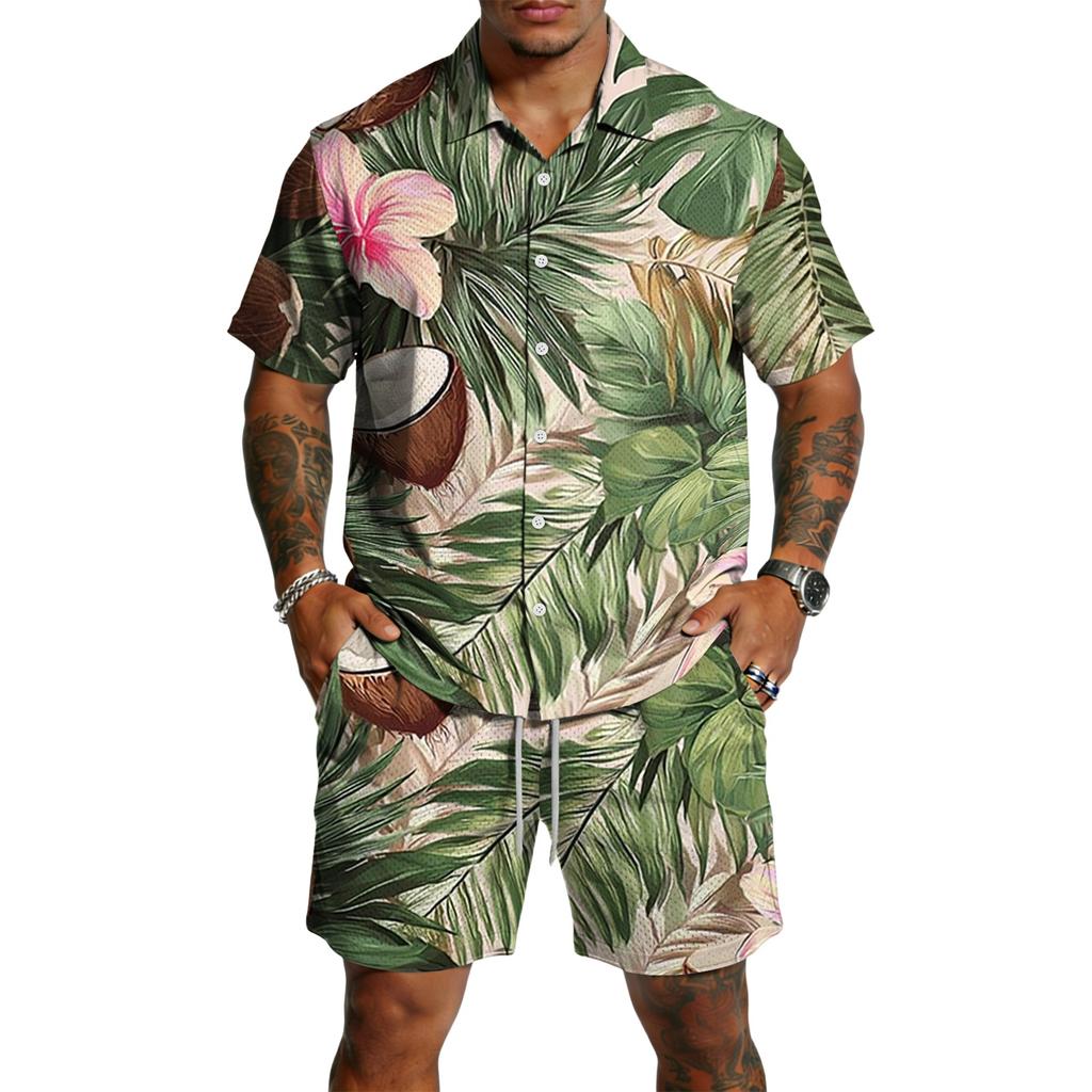 Men's Casual Printed Lightweight Breathable Shirt and Drawstring Shorts Set
