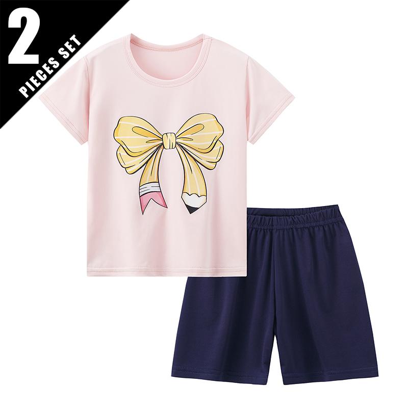 2 Piece Children's Casual Fashion Suit Girl Sweet And Lovely Bow Round Neck Shirt Comfortable And Versatile Elastic Waist Shorts