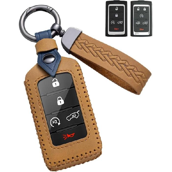 for Jeep Key Fob Cover Leather Car Key Case Protector keychain Smart Key Fob Holder Compatible for 2021-2024 Jeep Grand Cherokee L Grand Wagoneer коричневый
