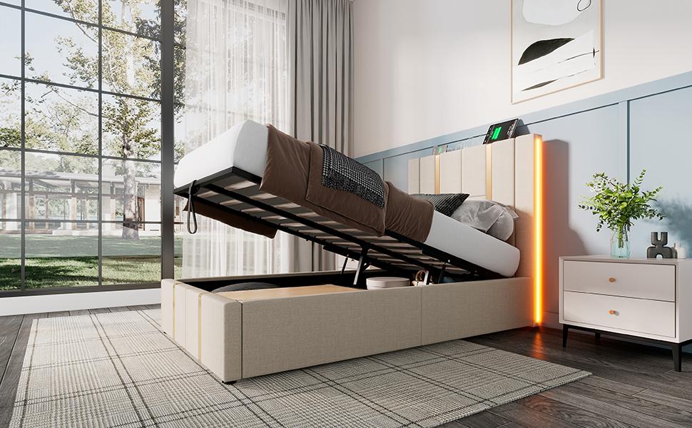 Upholstered Bed USB Type C Charging Single 90x200 Storage Bed Frame, Slatted Frame Made of Wood, Beige Linen Material (With Mattress)