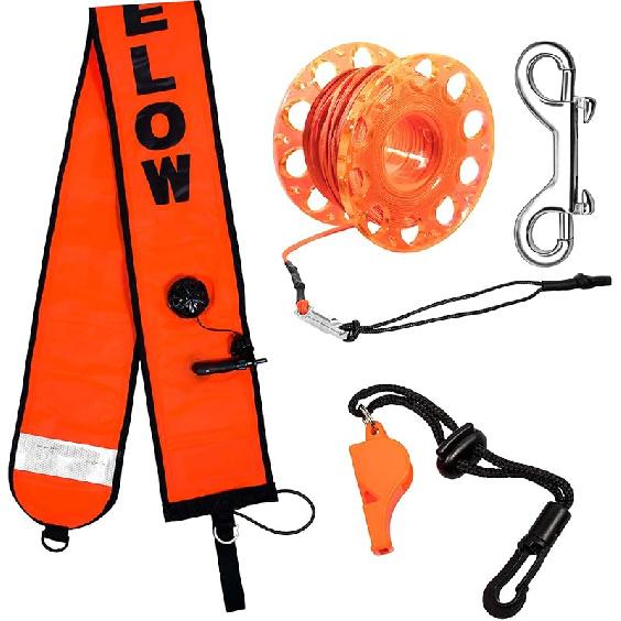 5ft Scuba Diving Surface Marker Buoy (SMB), Safety Sausage with Plastic 98ft Finger Spool Reel and Double Ended Hook Clip + Emergency Whistle for