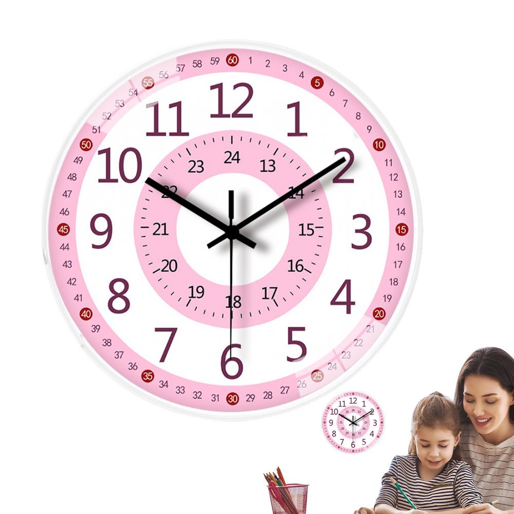 Teaching Time Clock For Kids 8-Inch Kids Room Wall Decor Analog Clock Non Ticking Telling Time Teaching Clock Silent Learn To