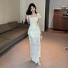 Lace Trim Long Maxi Dress With Off-Shoulder Short Sleeves High Waist Fit Flared Hem Elegance