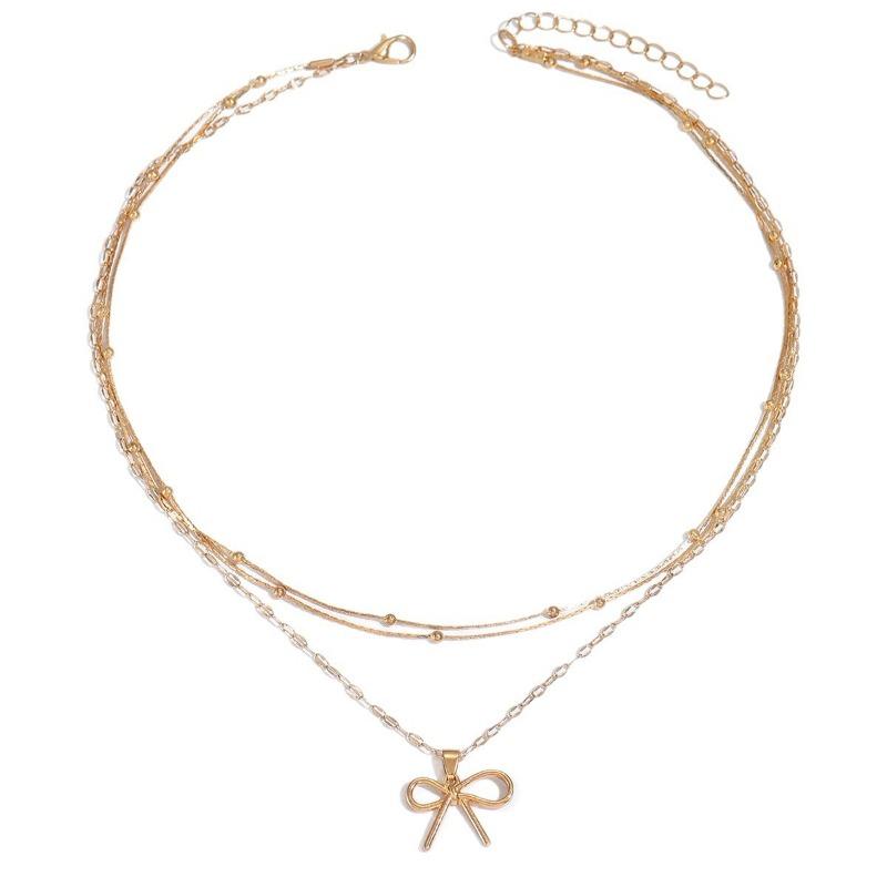 Fashion simple alloy bow pendant necklace light luxury niche multi-layer stacked bead chain necklace