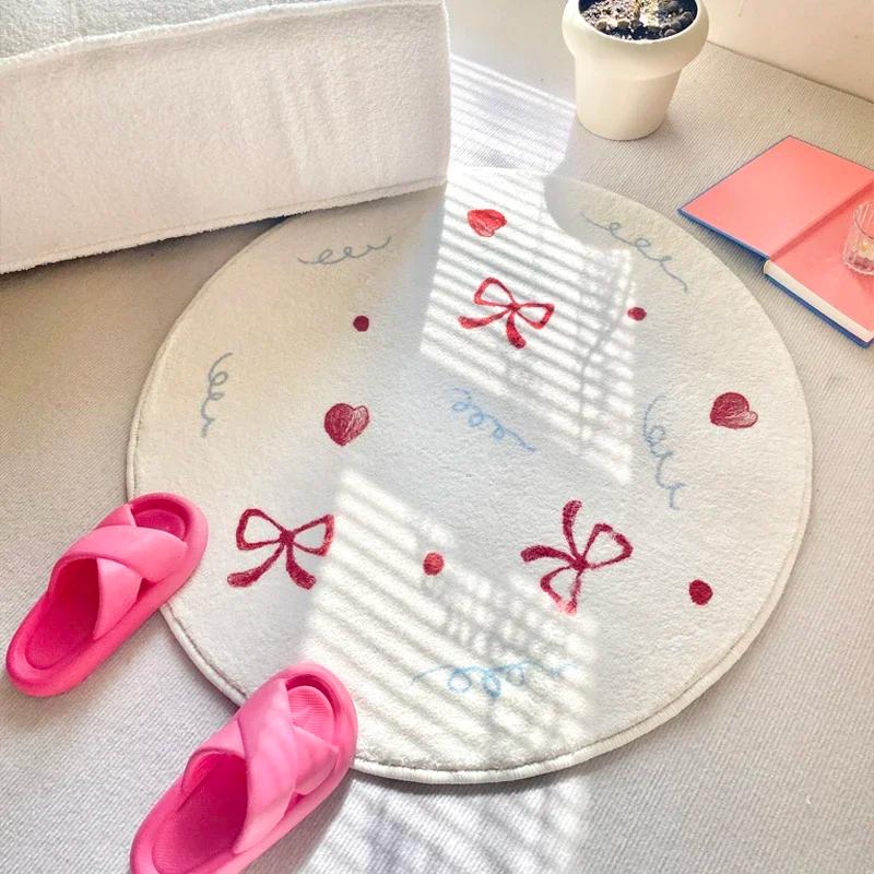 

VIKAMA Cartoon Bow Round Print Carpet Girl Bedroom Bed Non-Slip Soft Mat Living Room Sofa Comfortable Pad Home Decoration 60cmx60cm
