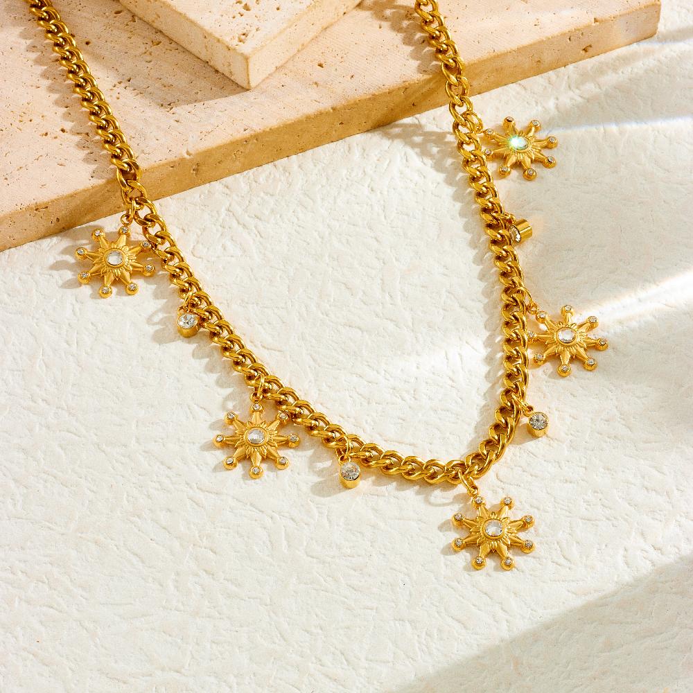 Stainless Steel Multilayer Sun Star Cross Pendant Necklace Women Neck Chain Jewelry Gift