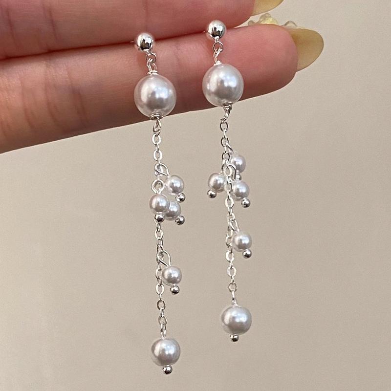PONYKISS  Sterling Silver Pearl Chain Tassel Stud Earrings for Women Trendy Geometric Fine  Minimalist Accessories