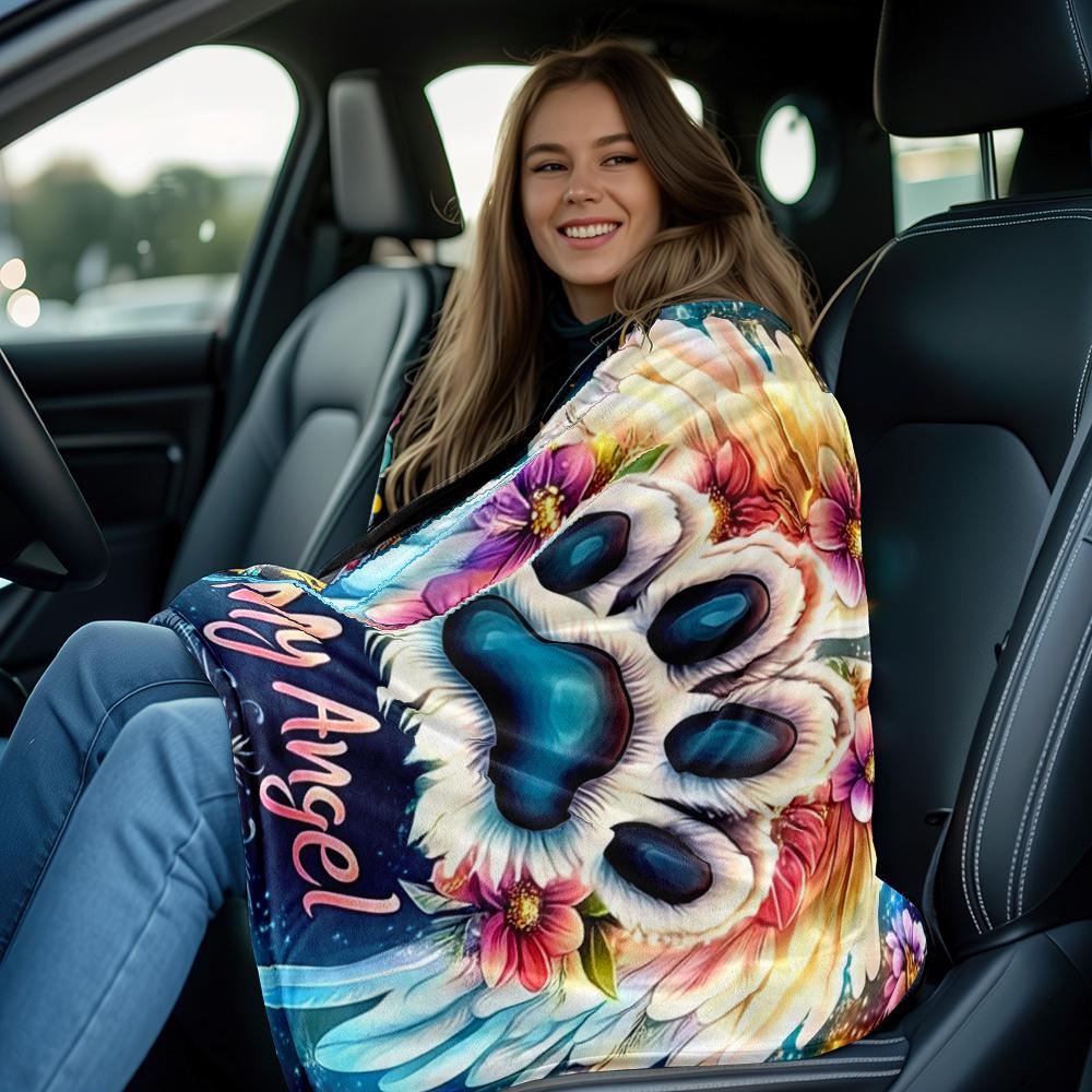 My Angel Dog Paw Wings Floral Blanket Fleece Soft Throw Pet Lover Gift Home Decor Cozy Warm Blanket for Bed Sofa Living Room