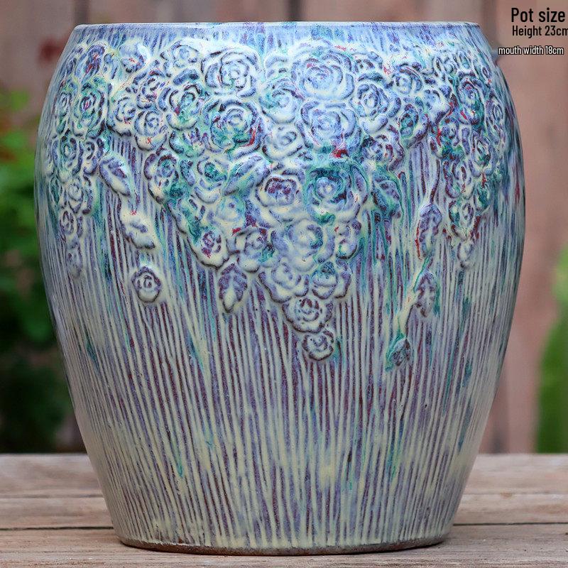 Handmade Embossed Rose Ceramic Succulent Pot, Tall Breathable Coarse Pottery, Large Mouth Plant Pot with Flower Design.