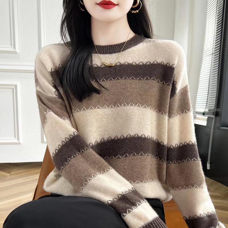 Women's Striped Round Neck Wool Sweater - Loose, Thick Knit, Lazy Style for Autumn and Winter
